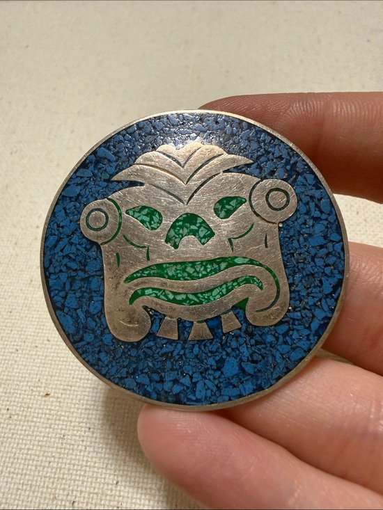 925 Sterling Silver Jewelry - Vintage Sterling Silver 925 Mexico Tribal Face Round Inlay Brooch/Pendant